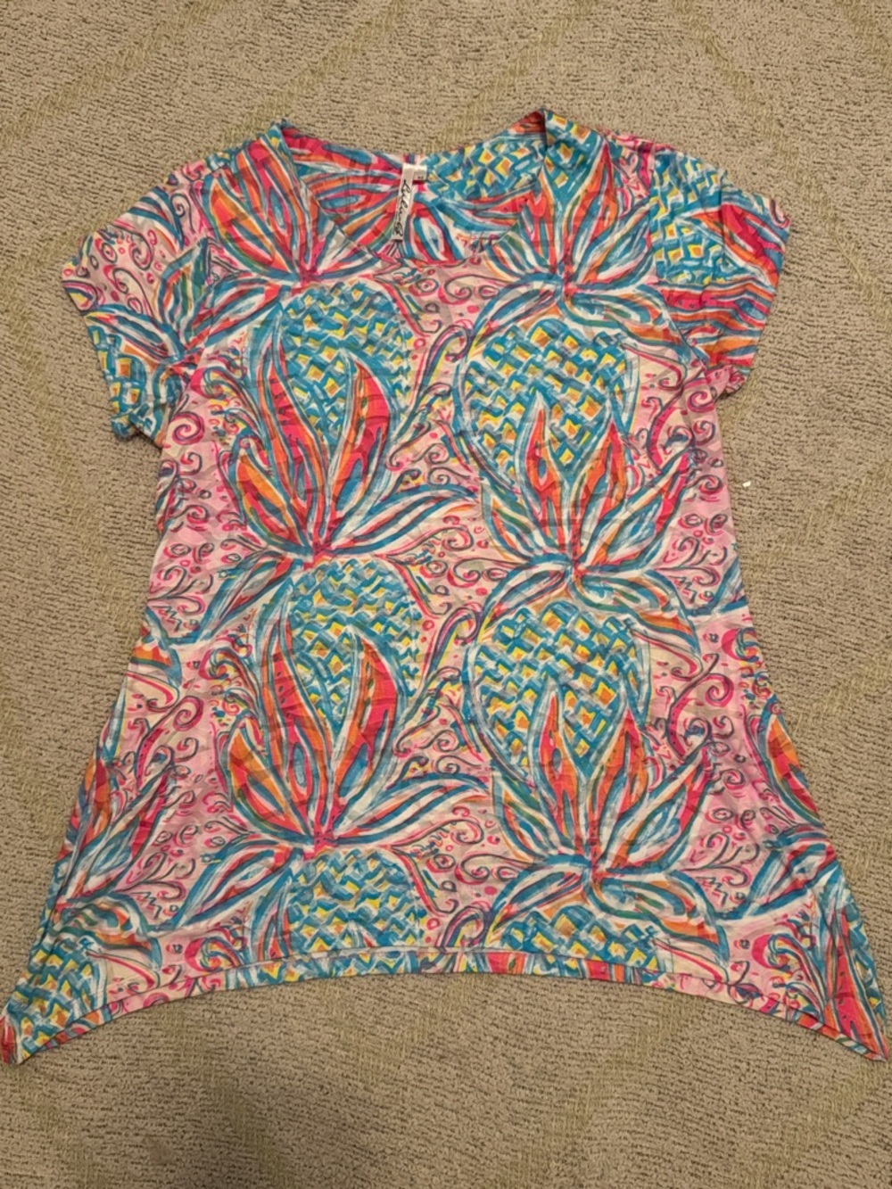 Lulu-B Pink Multicolor Pineapple Print Cap Sleeve Top